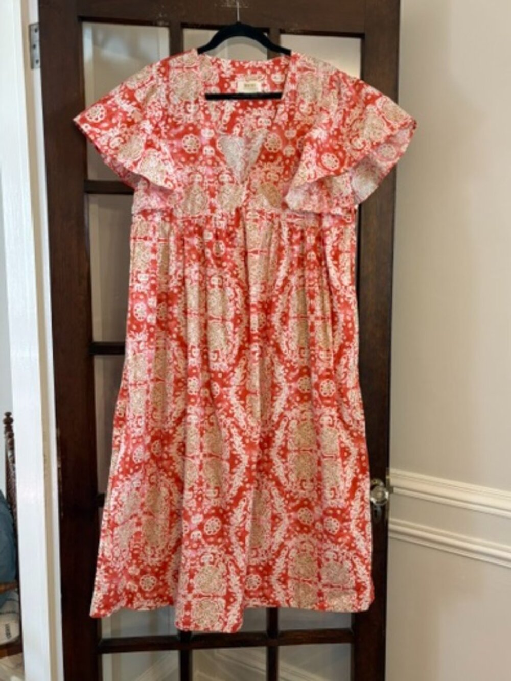 Anthropologie Coral and Cream Printed Flutter-Sleeve Midi Dress